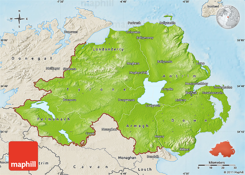 Physical Map of Northern Ireland, shaded relief outside