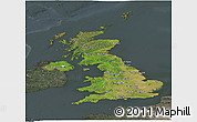Satellite Panoramic Map of United Kingdom, darken, semi-desaturated