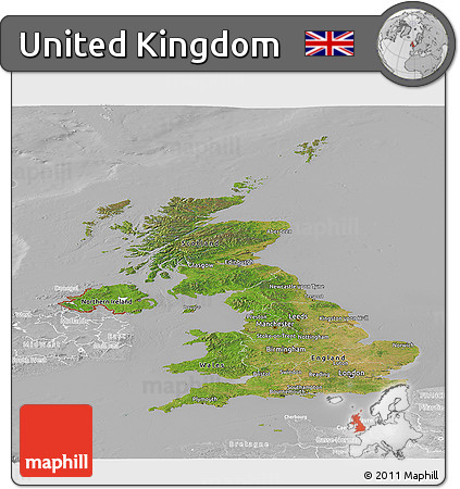 Satellite Panoramic Map of United Kingdom, lighten, desaturated