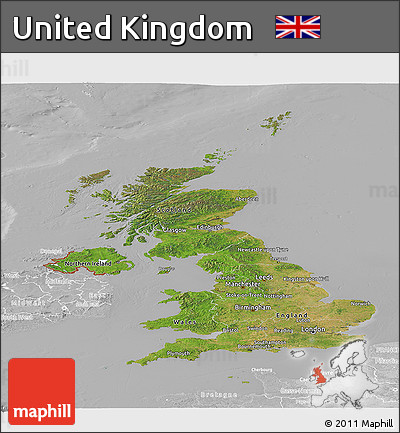 Satellite Panoramic Map of United Kingdom, lighten, desaturated