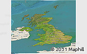 Satellite Panoramic Map of United Kingdom, shaded relief outside, satellite sea