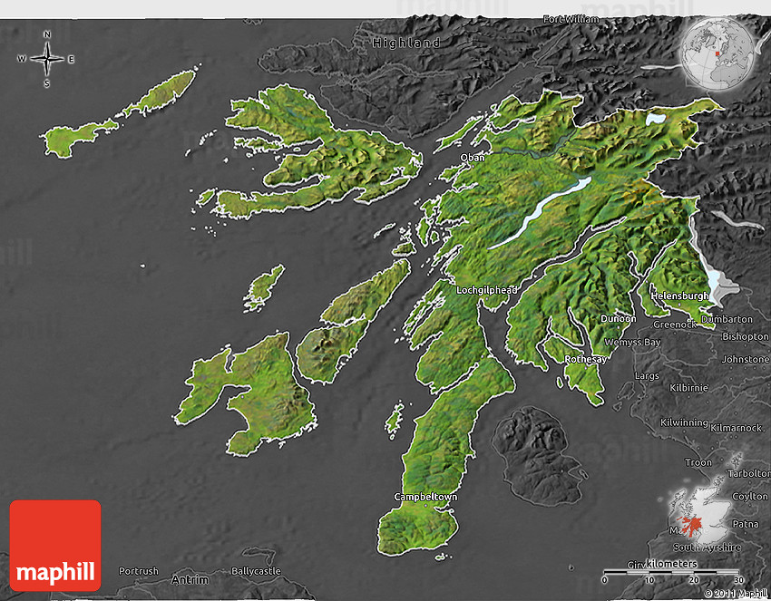 Satellite 3D Map of Argyll and Bute, darken, desaturated