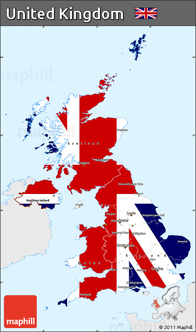 Flag Simple Map of United Kingdom, single color outside, flag rotated