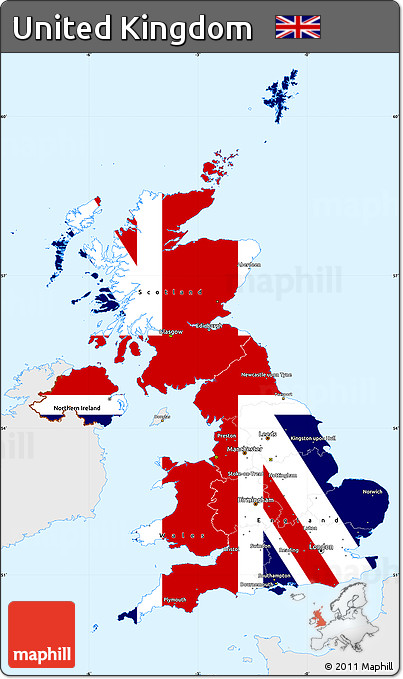 Flag Simple Map of United Kingdom, single color outside, flag rotated