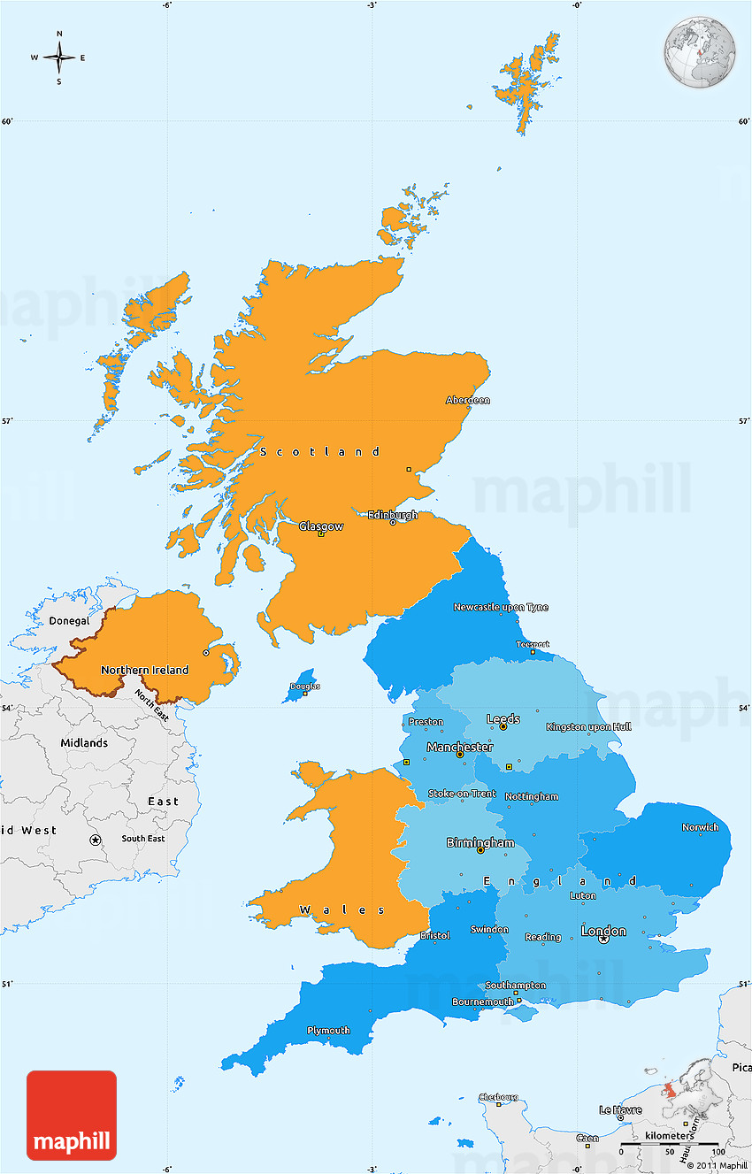 Political Simple Map of United Kingdom, single color outside, borders