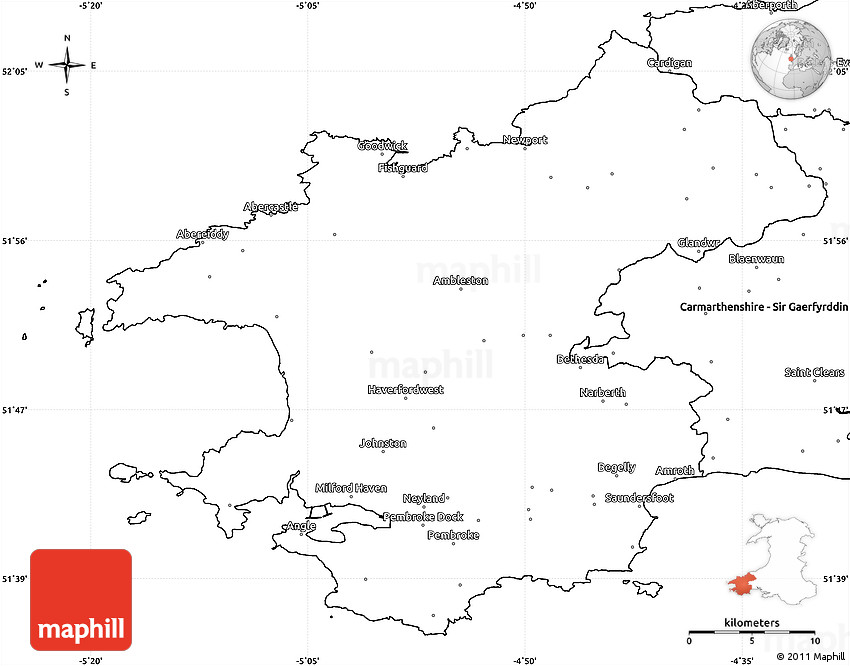 Blank Simple Map of Pembrokeshire - Sir Benfro