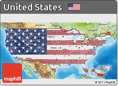 Flag 3D Map of United States, physical outside, bathymetry sea, flag centered