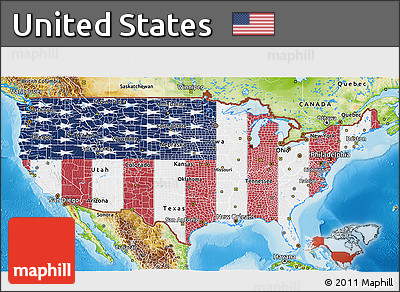 Flag 3D Map of United States, physical outside, flag rotated