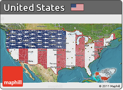 Flag 3D Map of United States, satellite outside, flag rotated