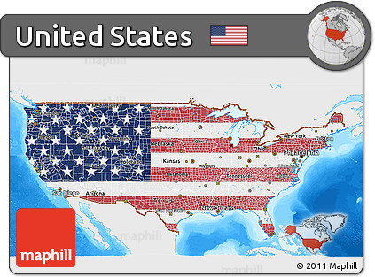 Flag 3D Map of United States, single color outside, bathymetry sea, flag centered