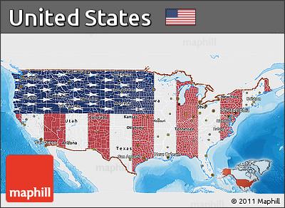 Flag 3D Map of United States, single color outside, bathymetry sea, shaded relief sea, flag rotated