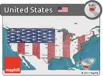 Flag 3D Map of United States, single color outside, satellite sea, flag rotated