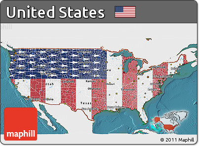 Flag 3D Map of United States, single color outside, satellite sea, flag rotated