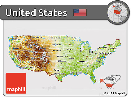 Physical 3D Map of United States, cropped outside