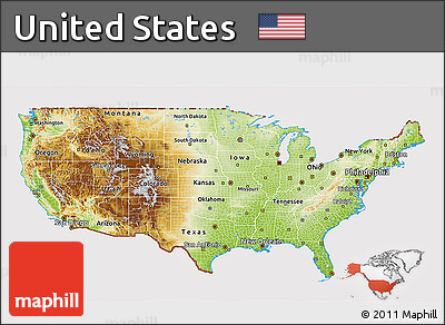 Physical 3D Map of United States, cropped outside