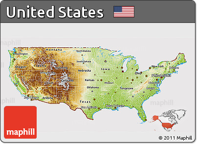 Physical 3D Map of United States, cropped outside