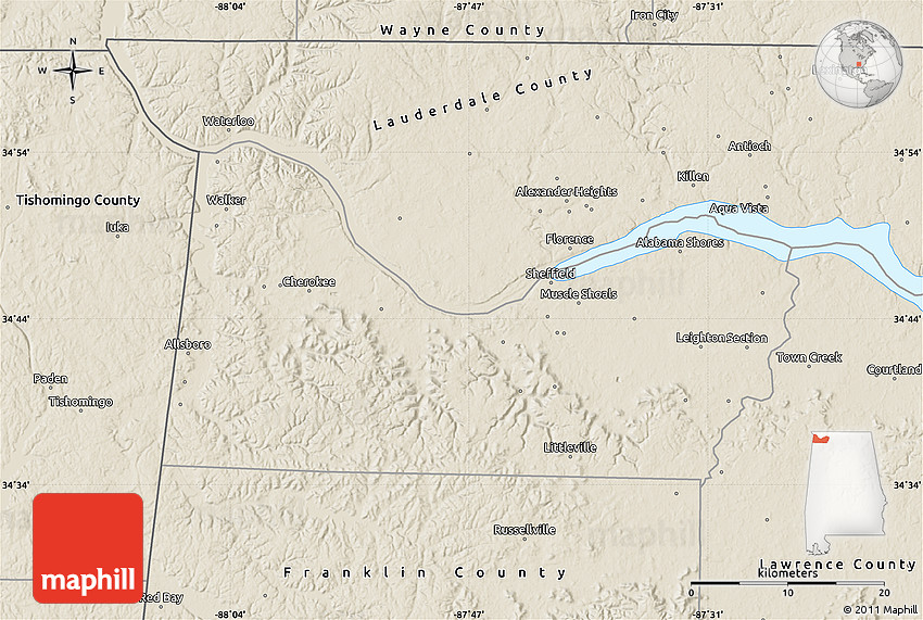 Shaded Relief Map of Colbert County