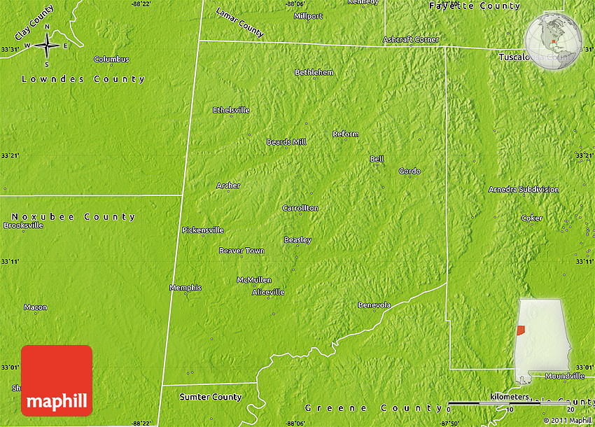 Physical Map of Pickens County