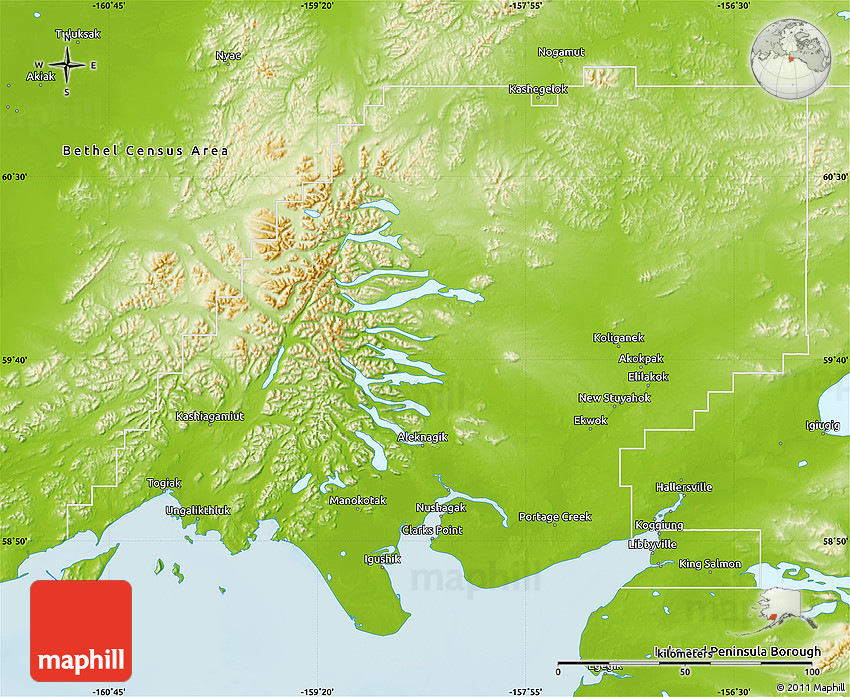 Physical Map of Dillingham Census Area