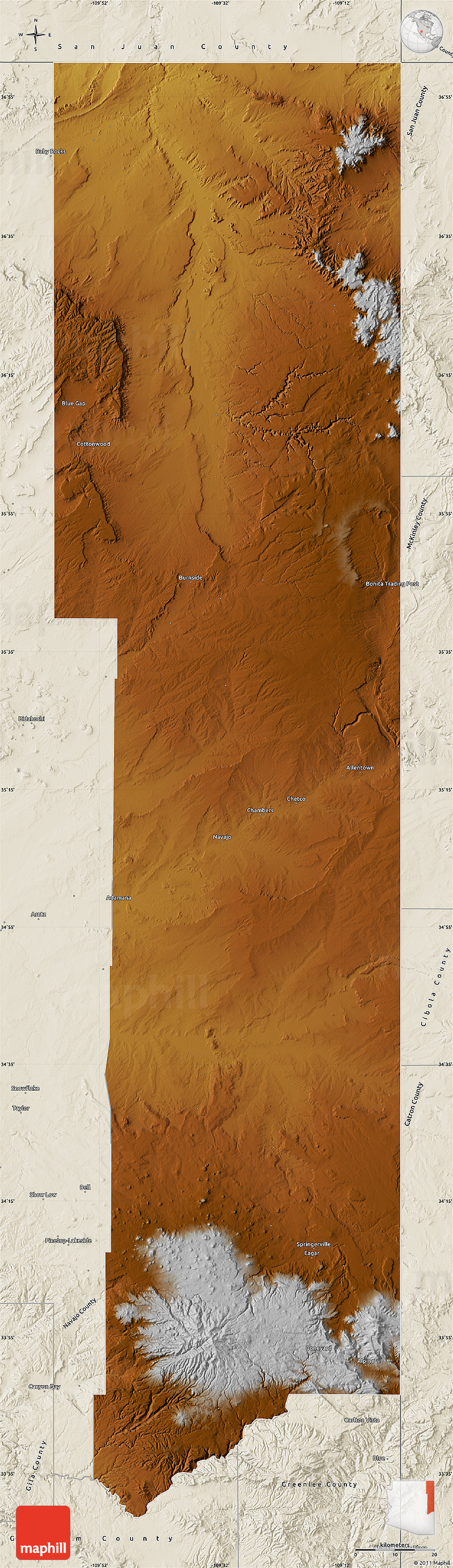 Physical Map of Apache County, shaded relief outside