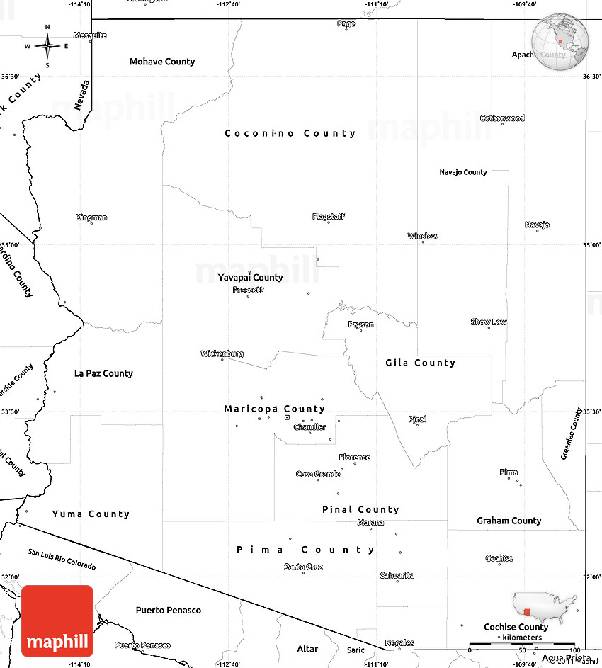 Simple Arizona Map - Time Zones Map