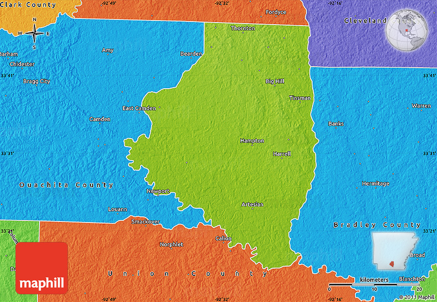 Physical Map of Calhoun County, political outside