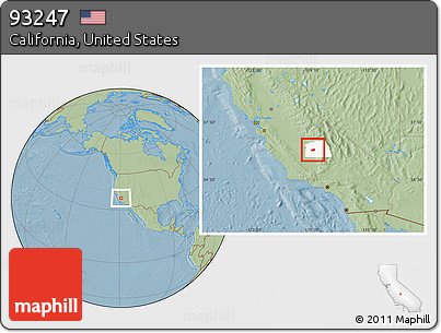 Savanna Style Location Map of ZIP Code 93247, highlighted county, hill shading