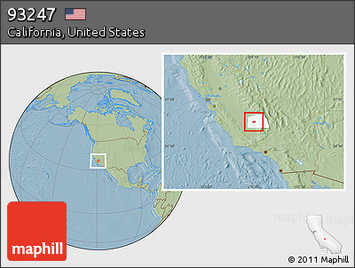 Savanna Style Location Map of ZIP Code 93247, highlighted county, hill shading