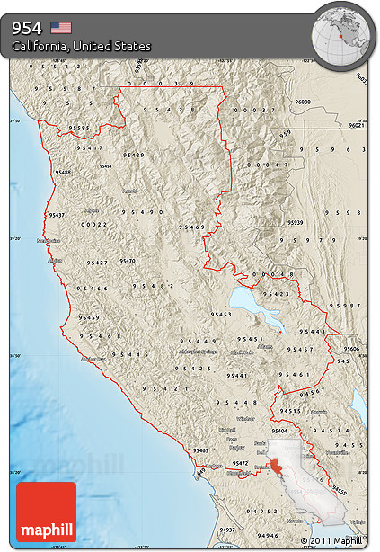 Shaded Relief Map of ZIP Codes Starting with 954