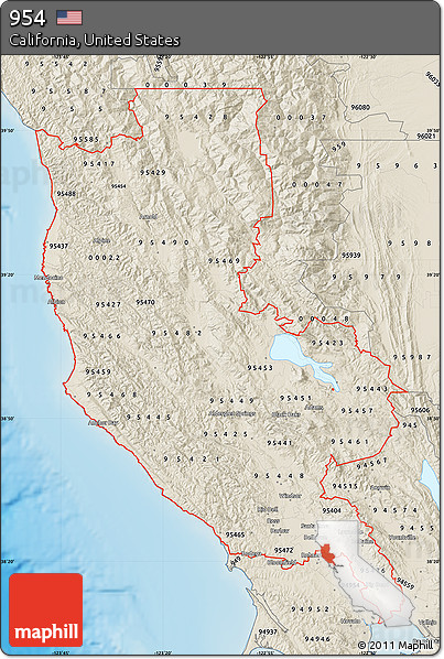 Shaded Relief Map of ZIP Codes Starting with 954