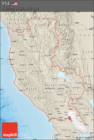 Shaded Relief Map of ZIP Codes Starting with 954