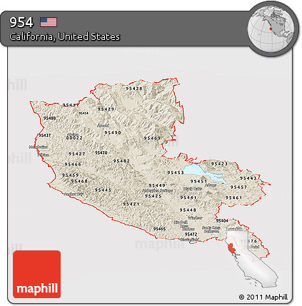Shaded Relief Panoramic Map of ZIP Codes Starting with 954, cropped outside