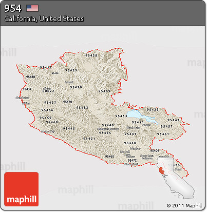 Shaded Relief Panoramic Map of ZIP Codes Starting with 954, cropped outside