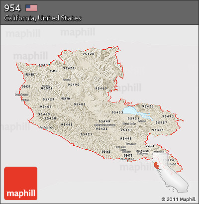 Shaded Relief Panoramic Map of ZIP Codes Starting with 954, cropped outside