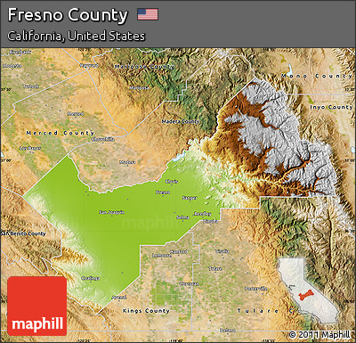 Physical Map of Fresno County, satellite outside