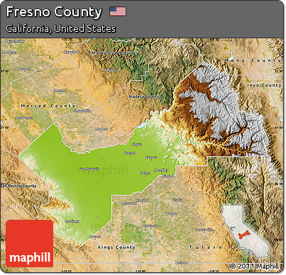 Physical Map of Fresno County, satellite outside