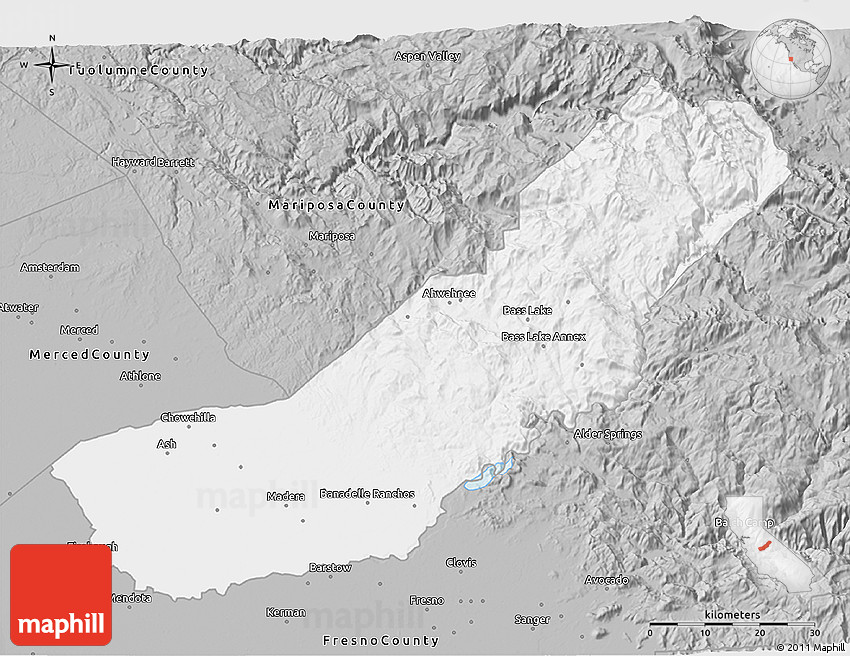 Gray 3D Map of Madera County