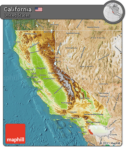 Physical Map of California, satellite outside
