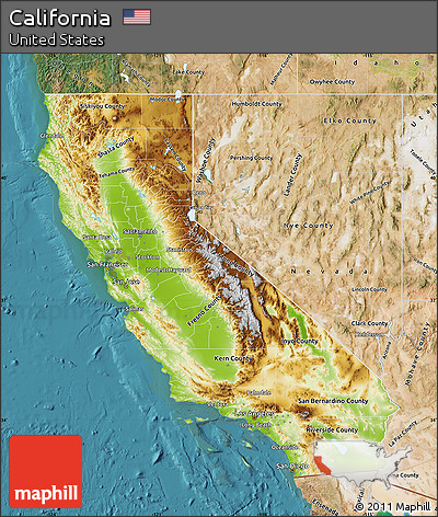 Physical Map of California, satellite outside
