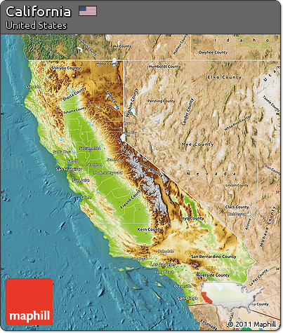 Physical Map of California, satellite outside
