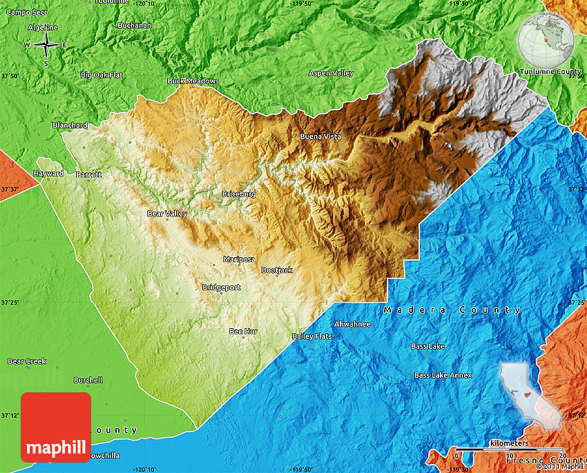 Physical Map of Mariposa County, political outside