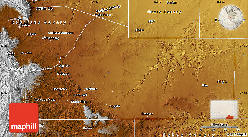 Physical Map Of Las Animas County 0649