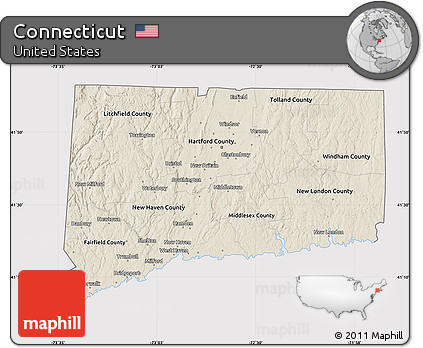 Shaded Relief Map of Connecticut, cropped outside