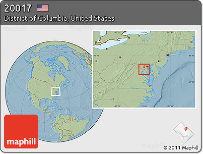 Savanna Style Location Map of ZIP Code 20017, highlighted state, hill shading