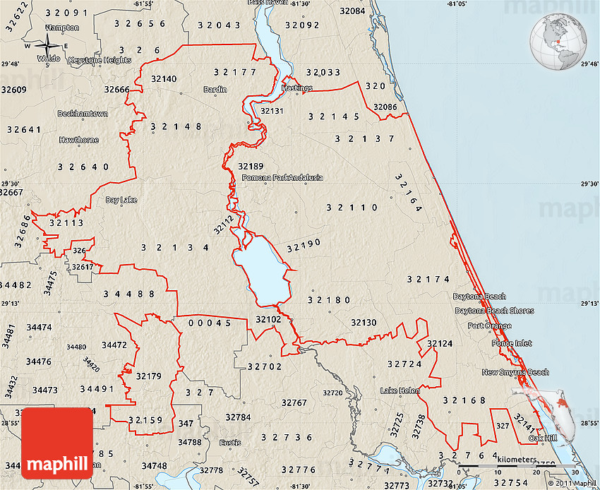 Shaded Relief Map of ZIP Codes Starting with 321