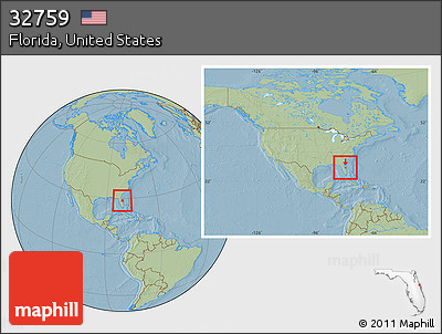 Savanna Style Location Map of ZIP Code 32759, within the entire country, hill shading
