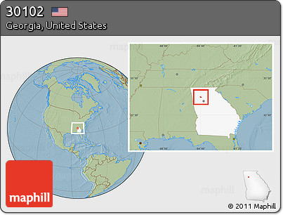 Savanna Style Location Map of ZIP Code 30102, highlighted state, hill shading
