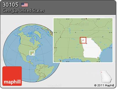Savanna Style Location Map of ZIP Code 30105, highlighted state