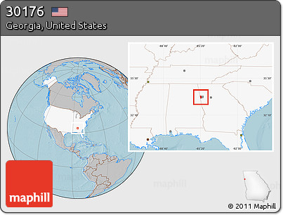 Gray Location Map of ZIP Code 30176, highlighted country, highlighted county, hill shading