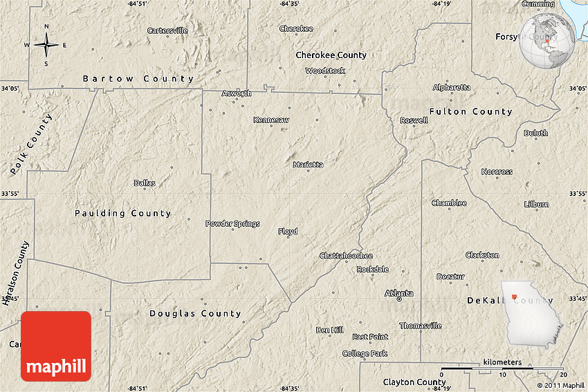 Shaded Relief Map of Cobb County